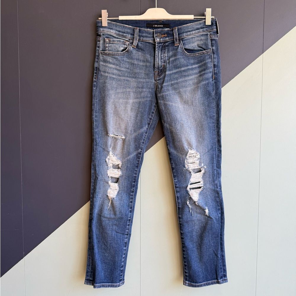 J Brand Distressed Skinny Ankle Jeans, Medium/Dark Wash, Size 26, 8.5" Rise, EUC
